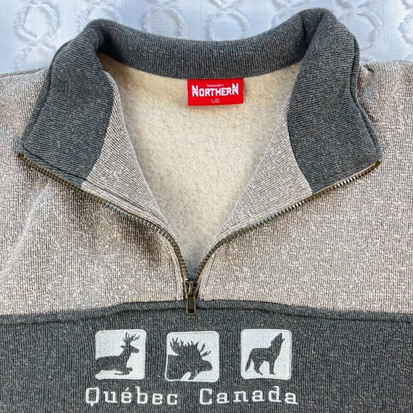 Souvenirs Northern Quebec Canada Sweater Men's Large 1/4 Zip Brown Winter Fall - Picture 3 of 4